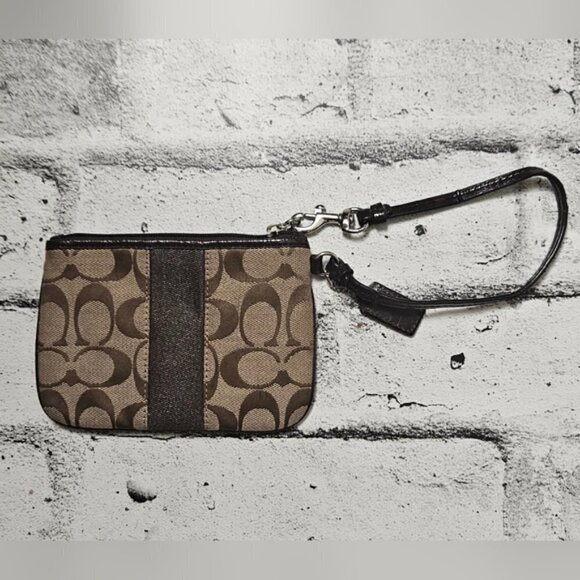 Coach Signature Stripe Small Wristlet Mahogany Khaki F51158 - Picture 3 of 5